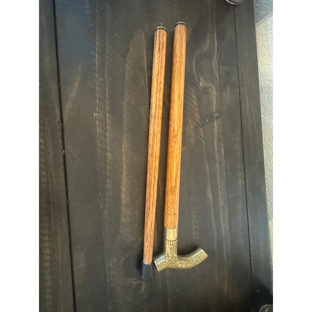 Vintage Brass Floral Handle Wooden Walking Stick 2-Piece Collapsible Cane Brown
